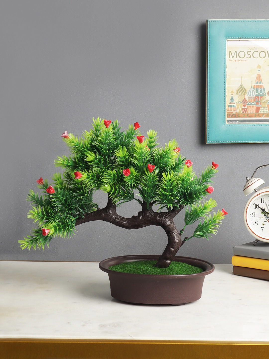 FOLIYAJ Green & Brown Artificial Bonsai With Plastic Pot