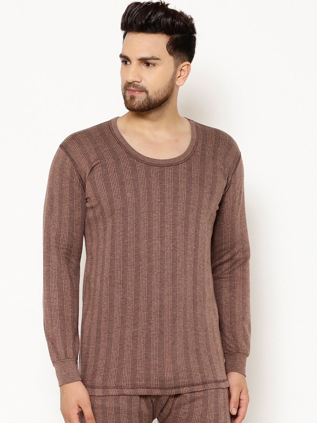 

VIMAL JONNEY Men Brown Striped Thermal Top RNFS-01