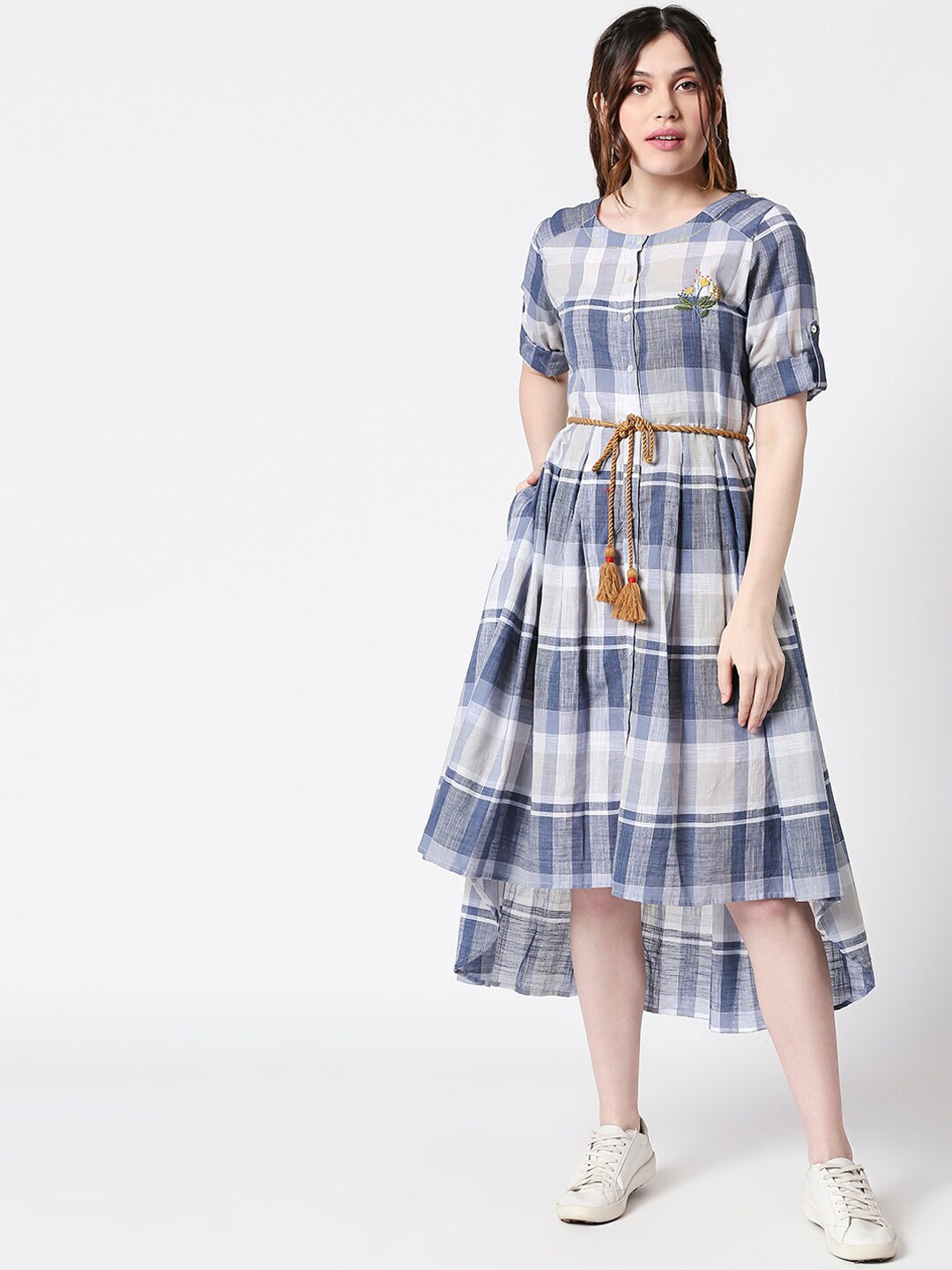 

TERQUOIS Women Navy Blue Checked Fit and Flare Dress