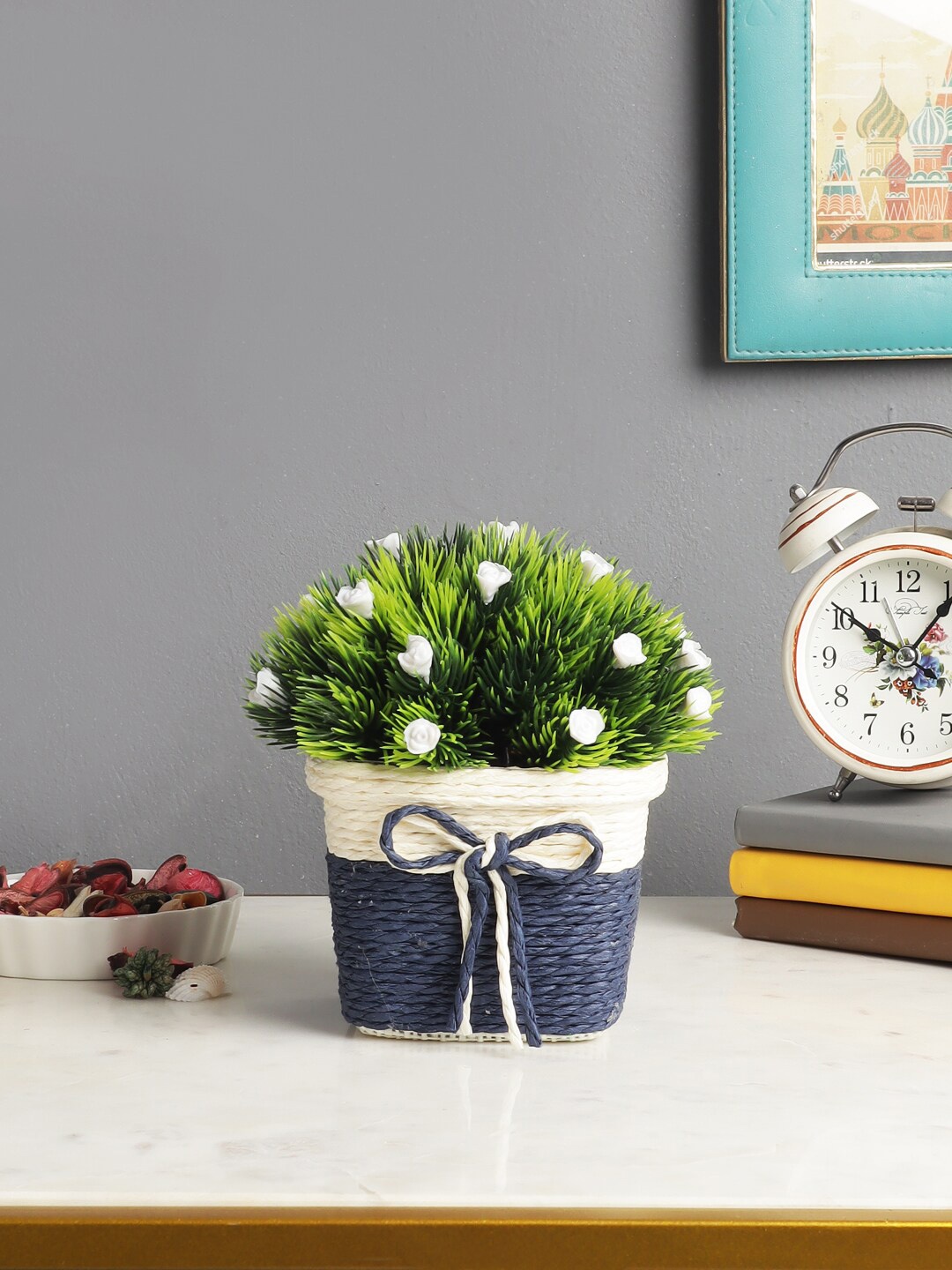 FOLIYAJ Green & White Artificial Plant with Woven Faux Jute Pot