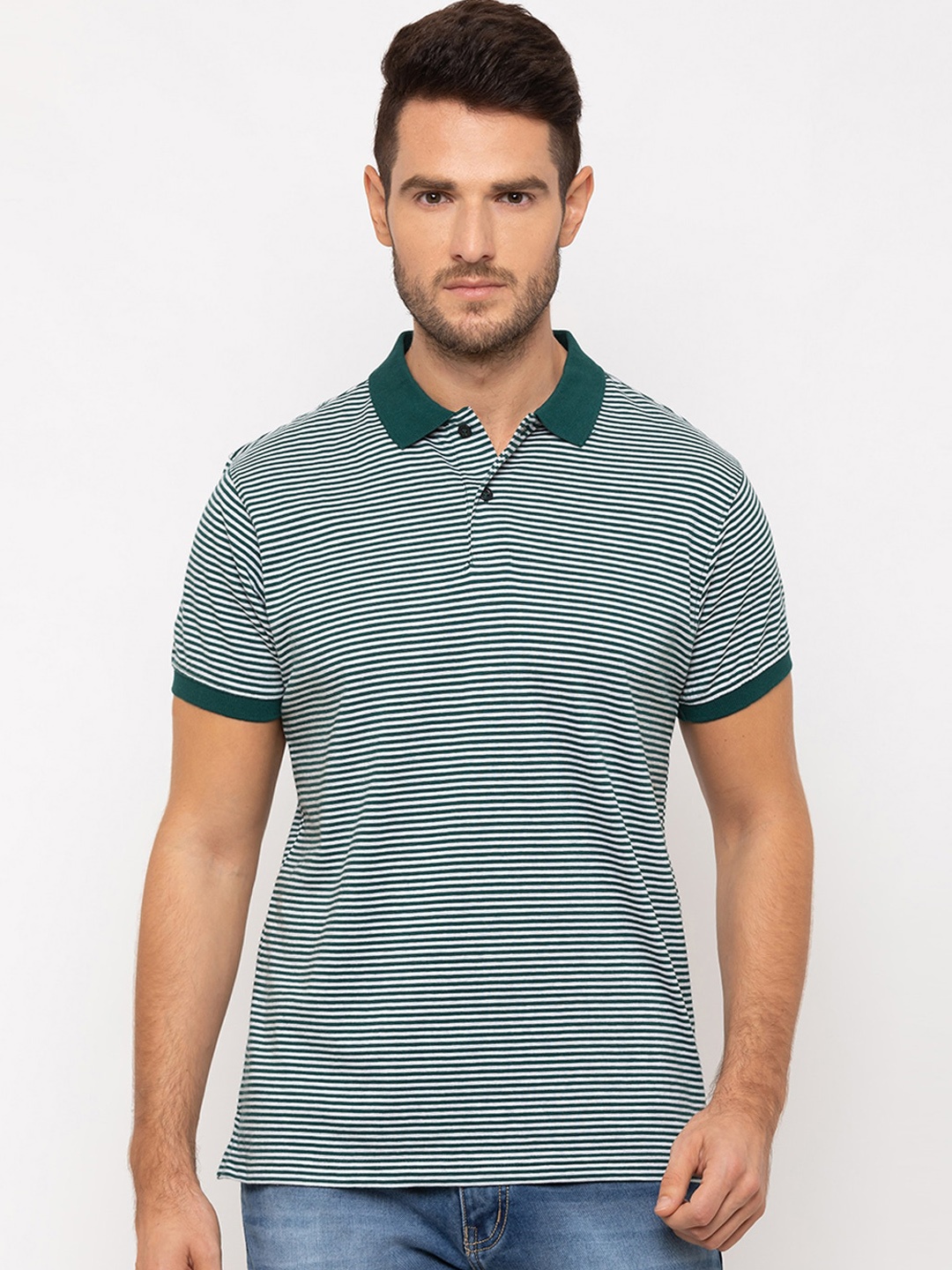 

Globus Men Green Striped Polo Collar T-shirt