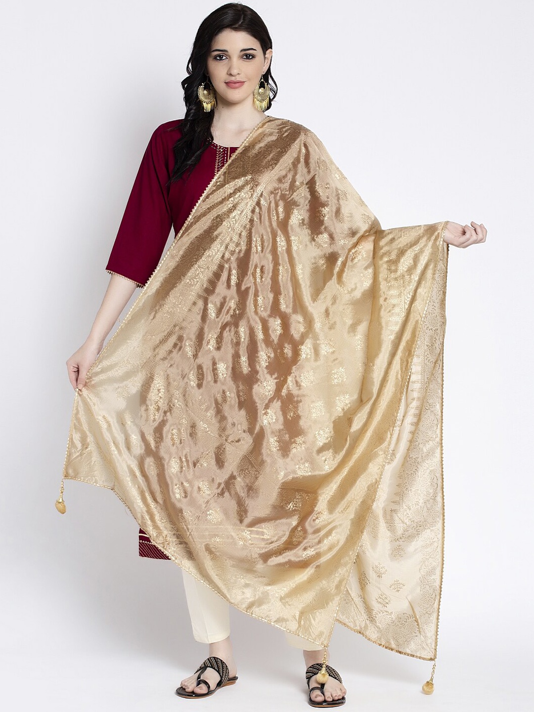 Clora Creation Women Beige & Gold-Coloured Floral Printed Dupatta