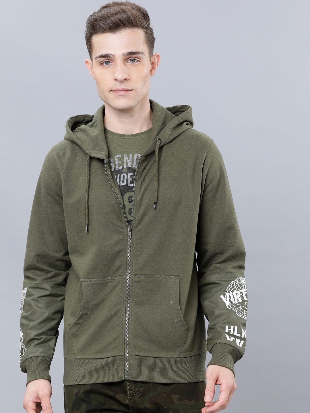 HIGHLANDER Men Olive Green Printed Hooded Sweatshirt