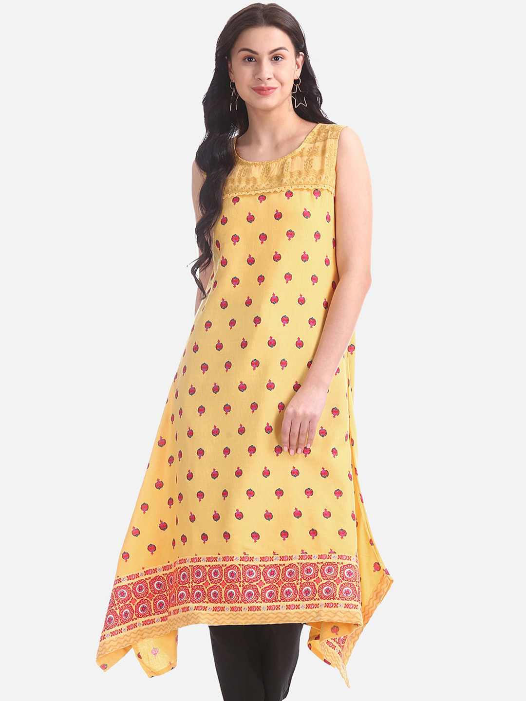 

Anahi Women Yellow & Pink Woven Design A-Line Kurta