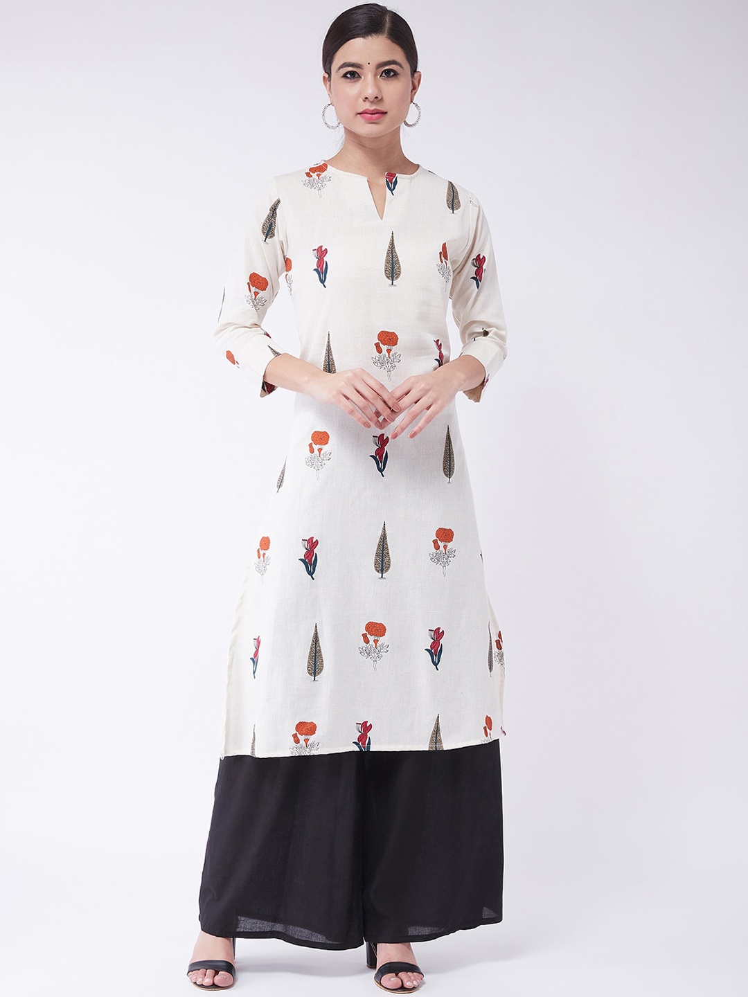 

InWeave Women Cream-Coloured & Red Floral Printed Straight Kurta