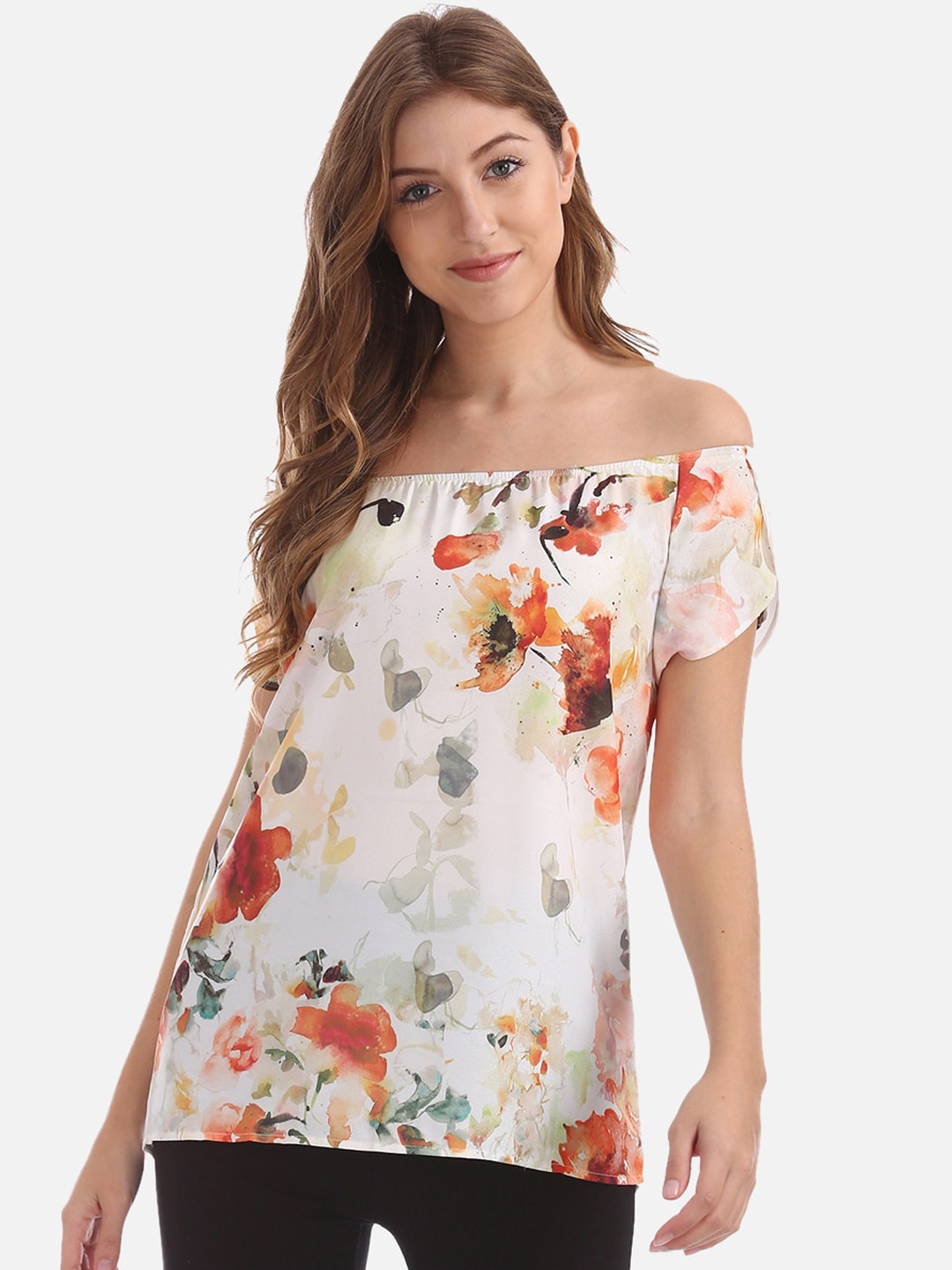 

Cherokee Women Off-White Printed Bardot Top