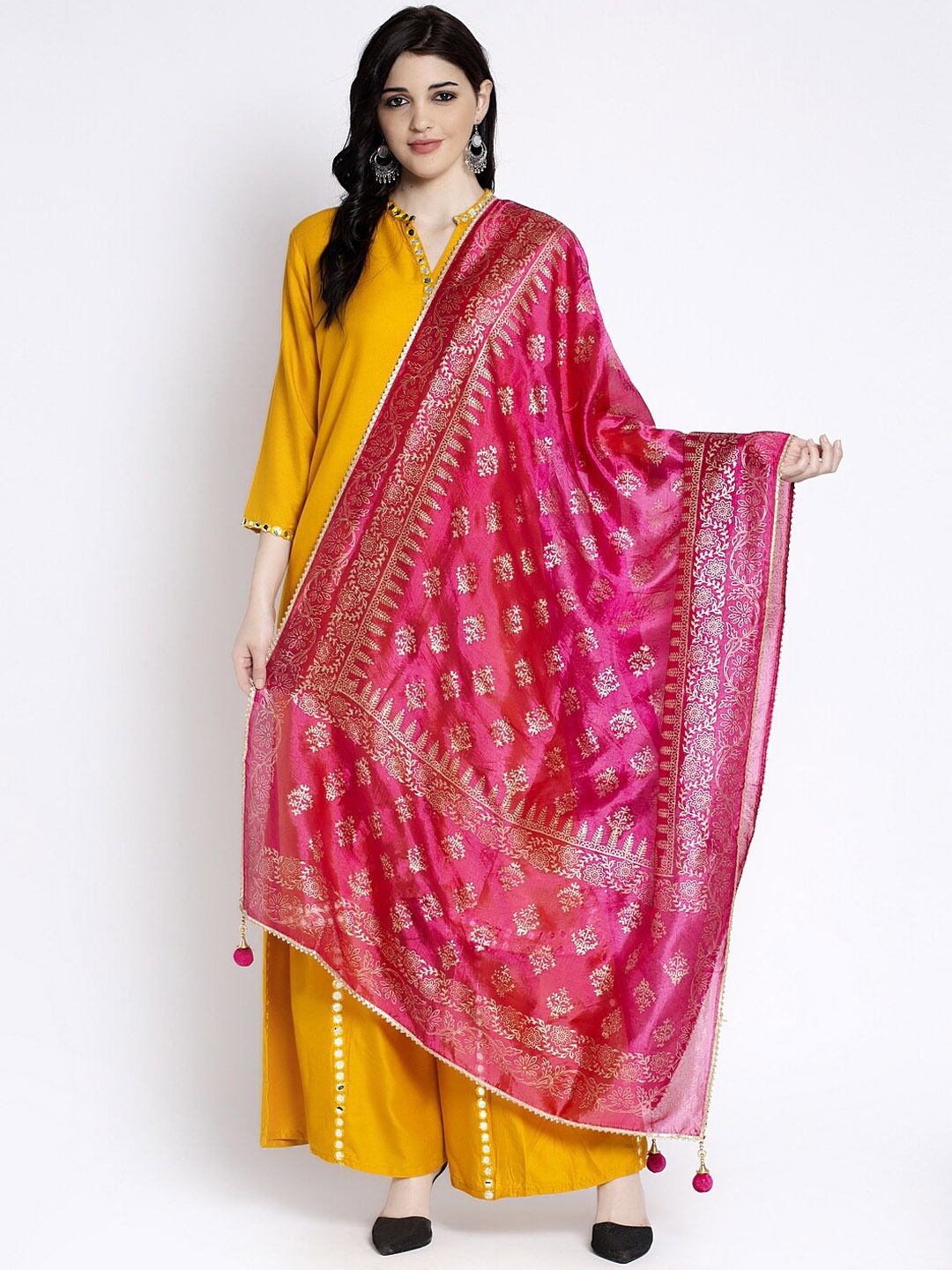 Clora Creation Women Magenta-Pink & Gold-Coloured Printed Dupatta