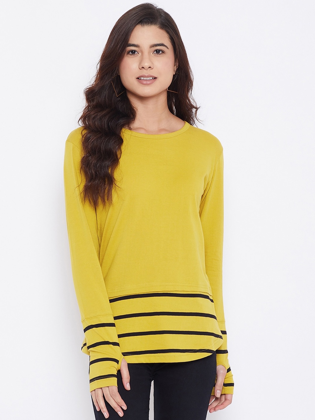 

Hypernation Women Yellow Black Striped Round Neck Pure Cotton T-shirt
