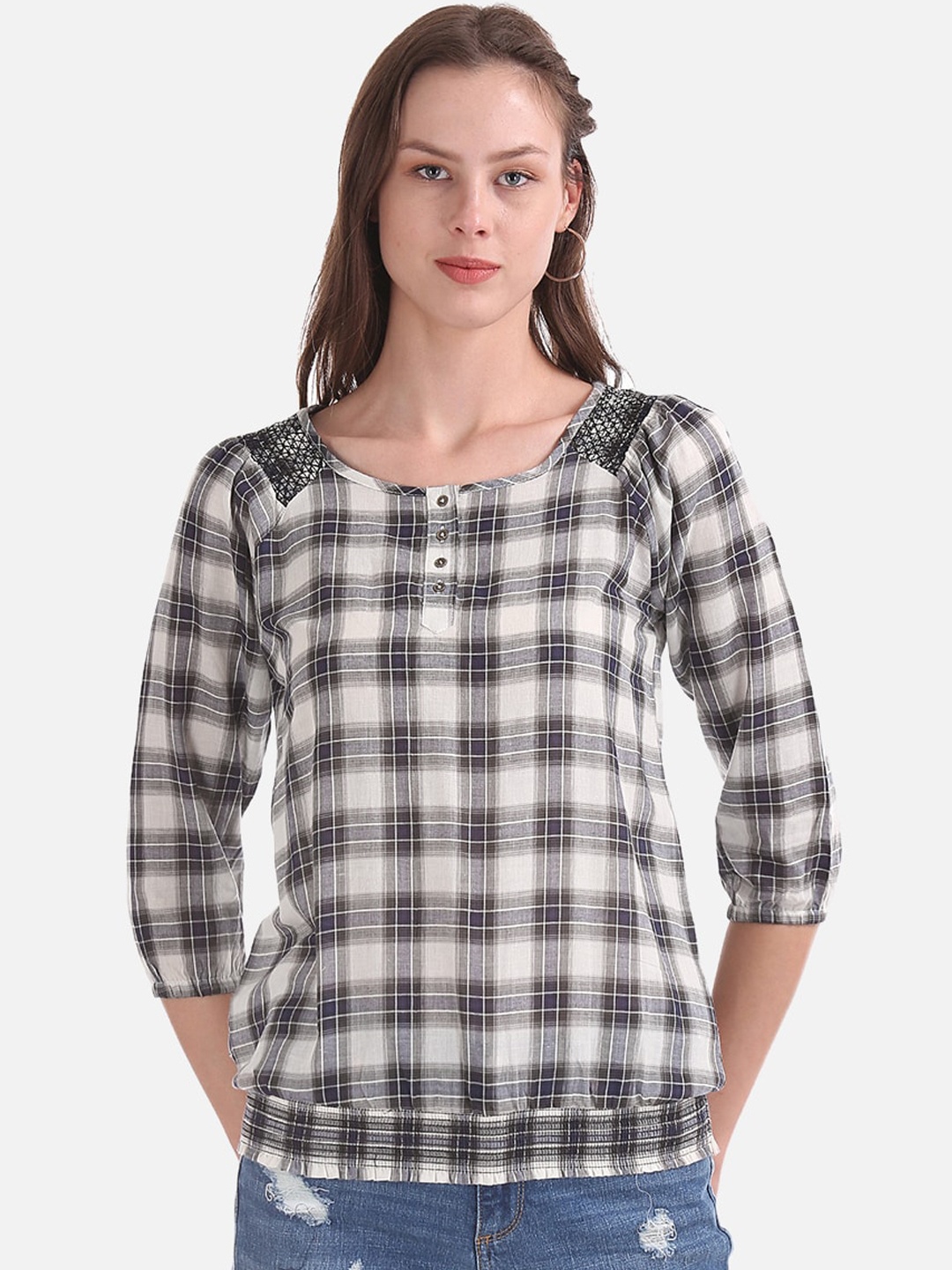 

Cherokee Women Off-White Checked Blouson Pure Cotton Top