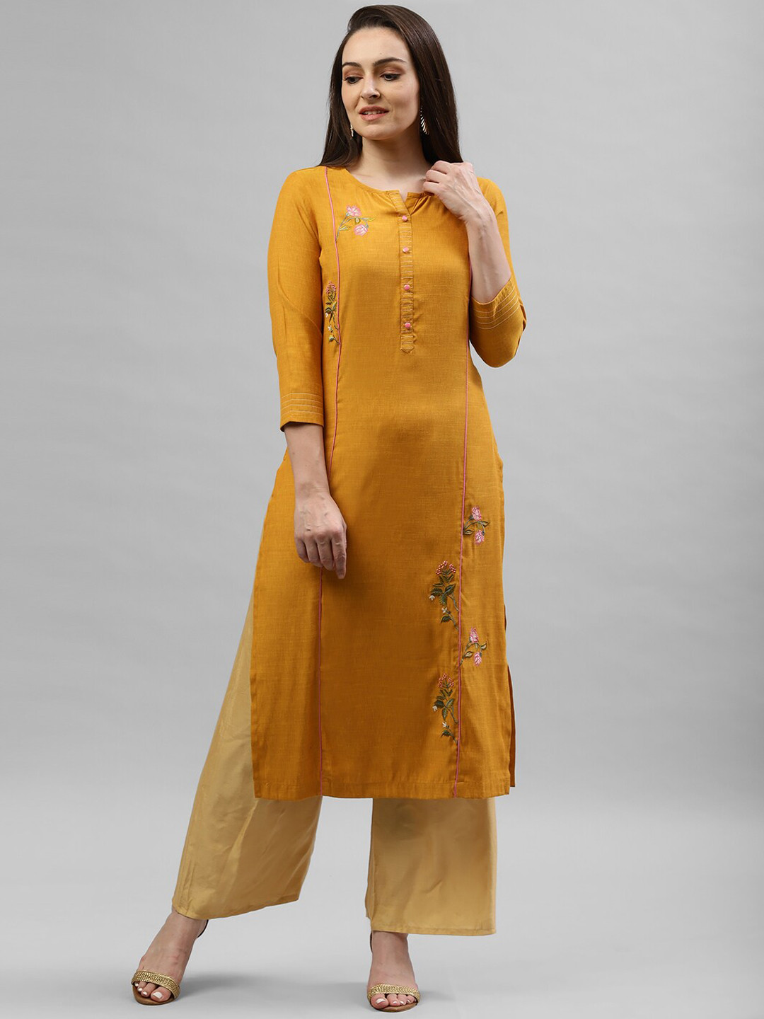 

KASSUALLY Women Mustard Yellow Embroidered Straight Kurta