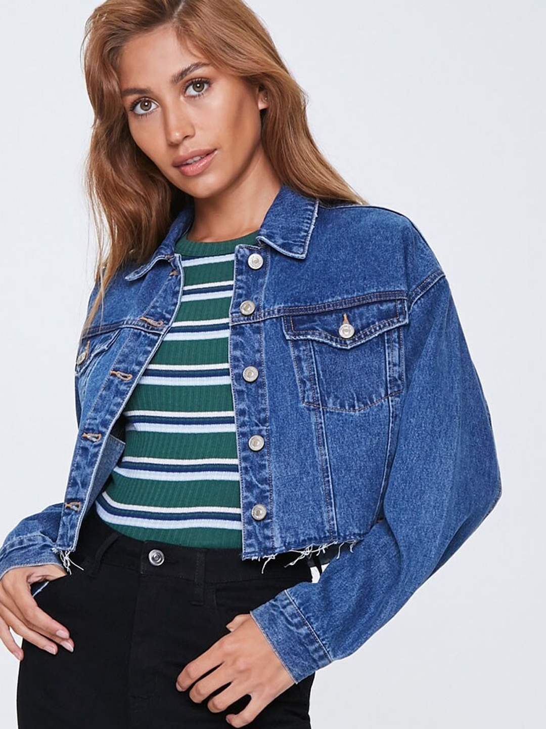 

FOREVER 21 Women Blue Solid Denim Jacket