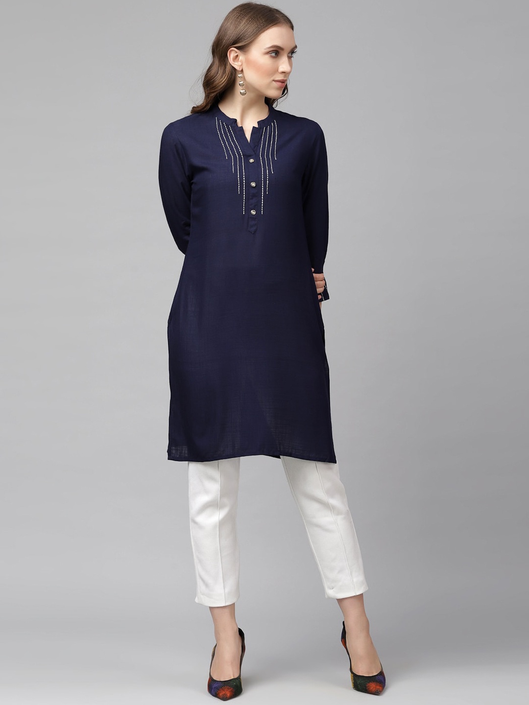 

KASSUALLY Women Navy Blue Yoke Design Straight Kurta