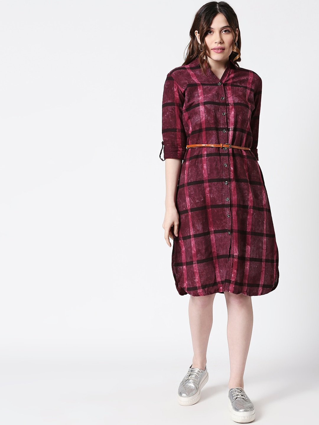 

TERQUOIS Women Red Checked Shirt Dress