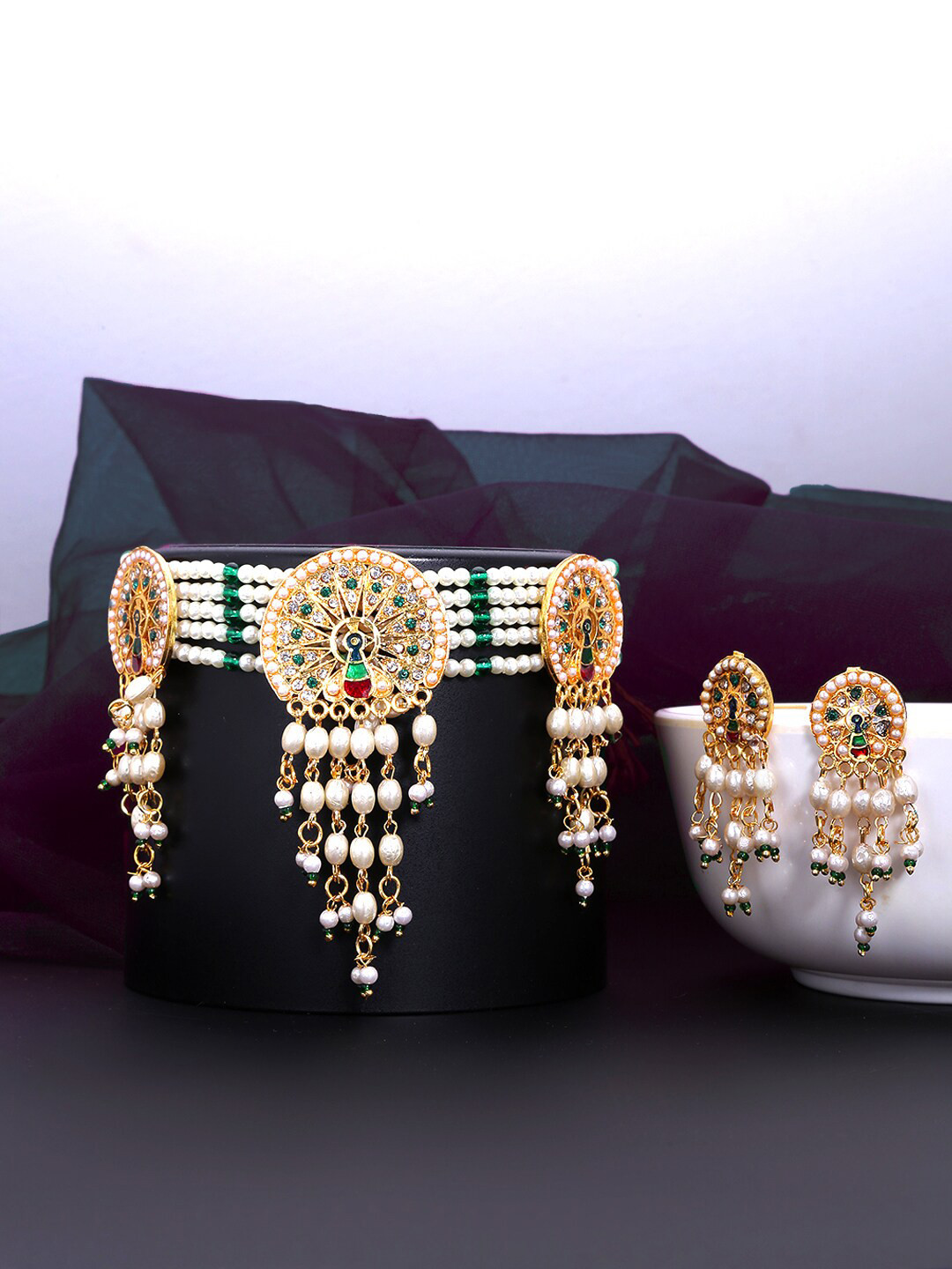 

Yellow Chimes Gold-Plated Green & White Pearl Studded Handcrafted Jewellery Set