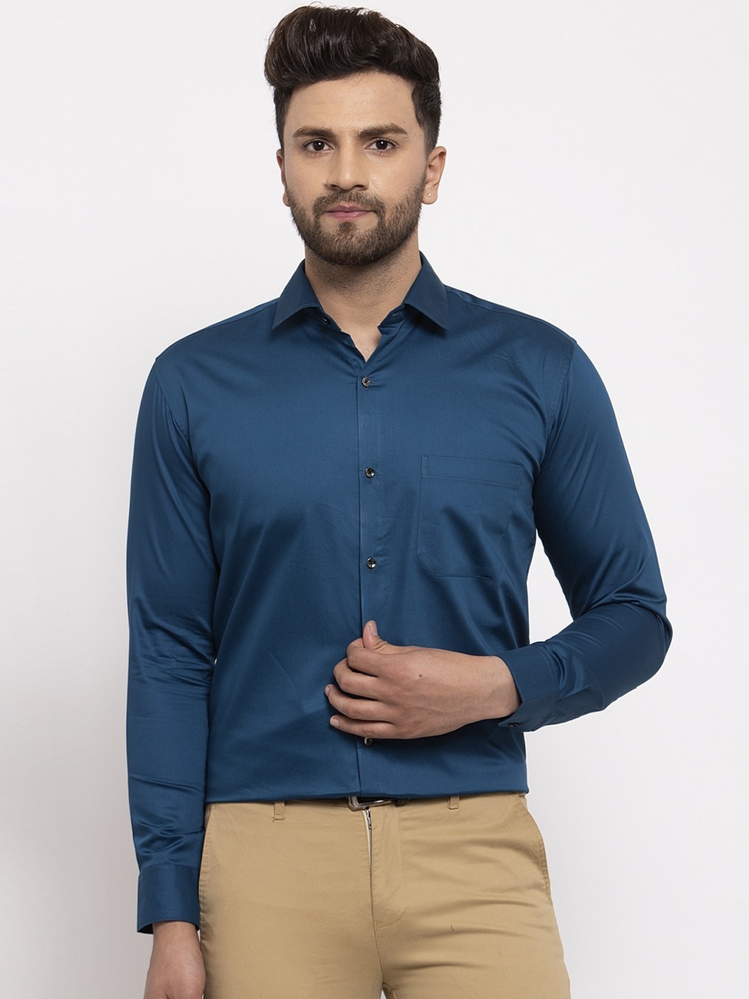 JAINISH Men Navy Blue Smart Slim Fit Solid Cotton Formal Shirt