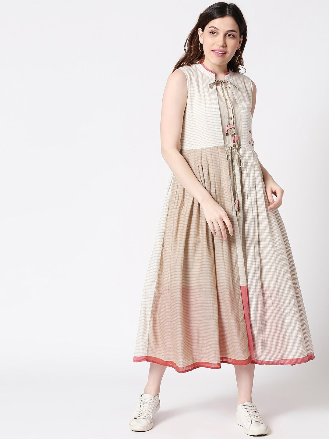 

TERQUOIS Women Beige Colourblocked Fit and Flare Dress