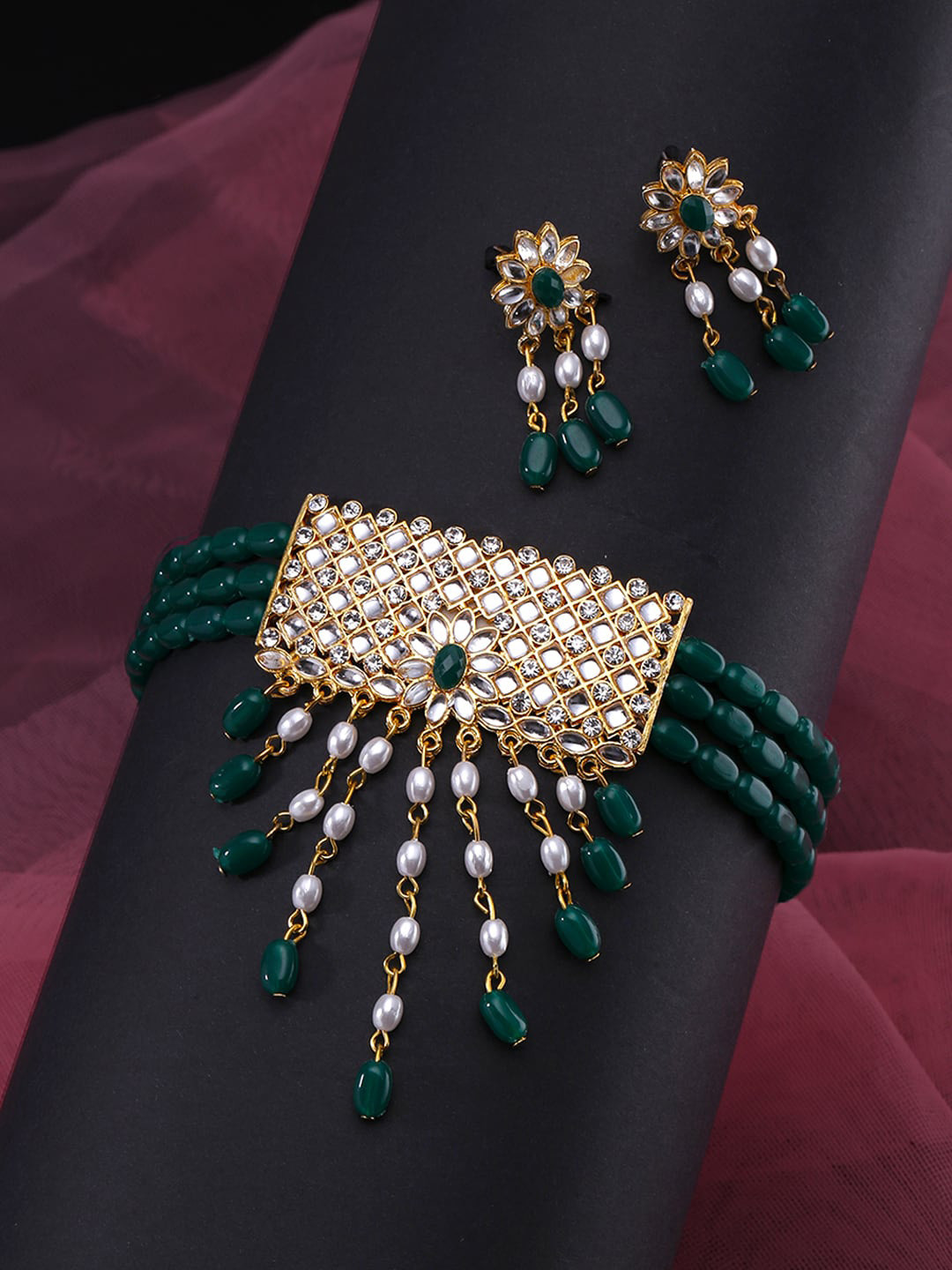 

Yellow Chimes Gold-Plated Green & White Stone-Studded Multi-Layer Jewellery Set