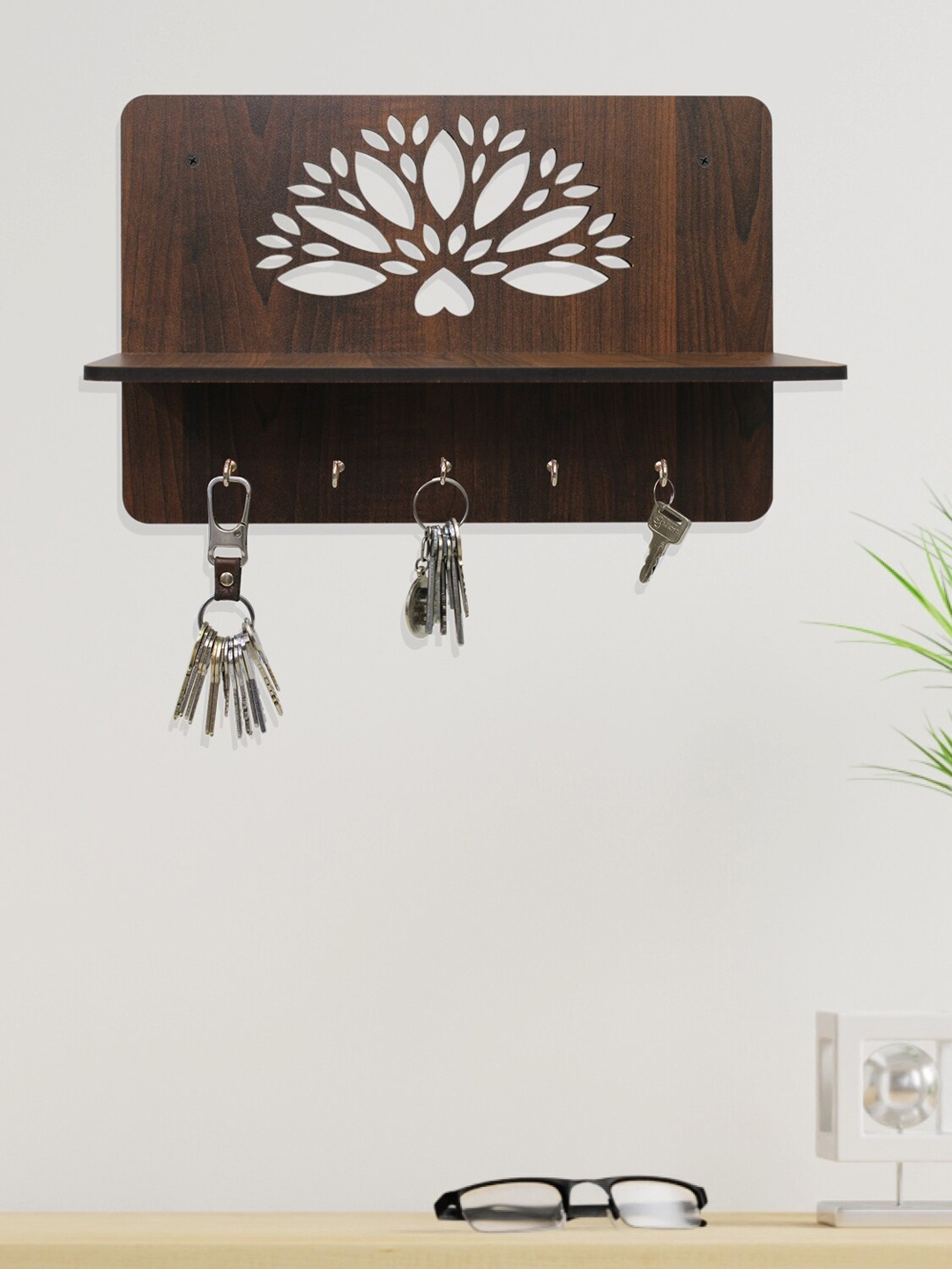 

RANDOM Brown Textured MDF Wooden Wall Shelf with Key Holders