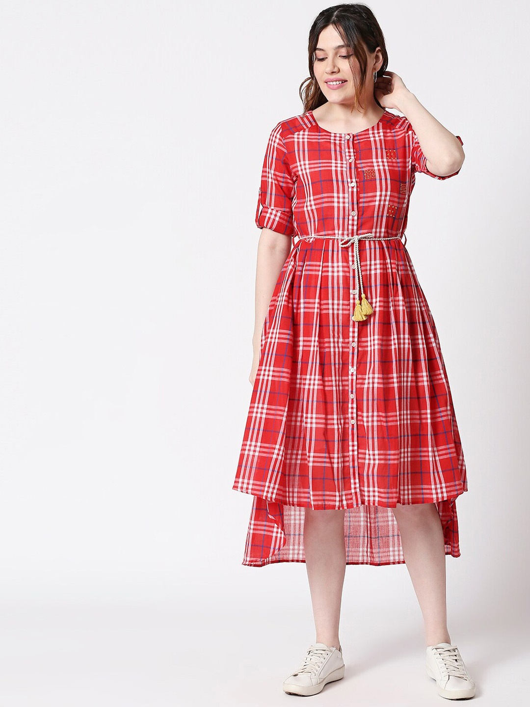 

TERQUOIS Women Red Checked A-Line Dress