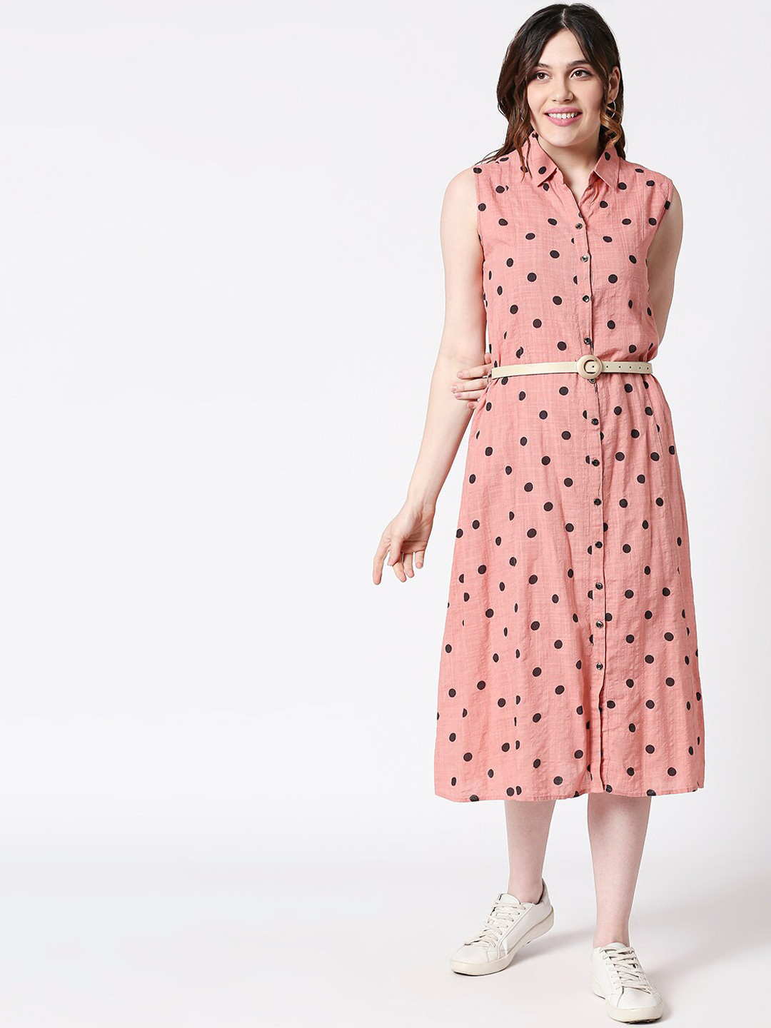 

TERQUOIS Women Pink Polka Dot Printed Shirt Dress