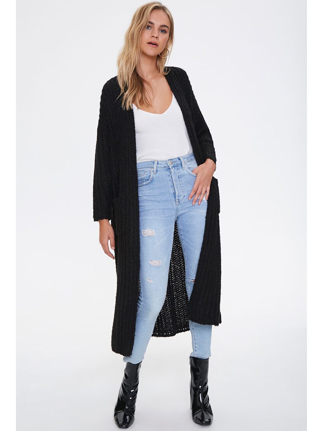 FOREVER 21 Women Black Self Design Longline Front-Open Cardigan