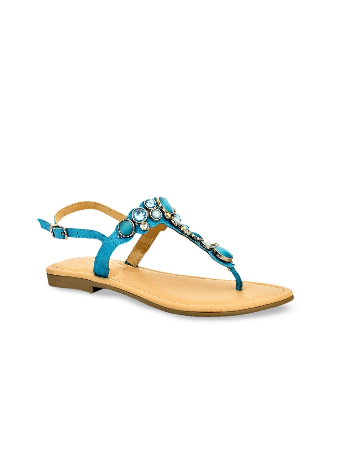 

Eske Women Turquoise Blue Embellished Leather T-Strap Flats