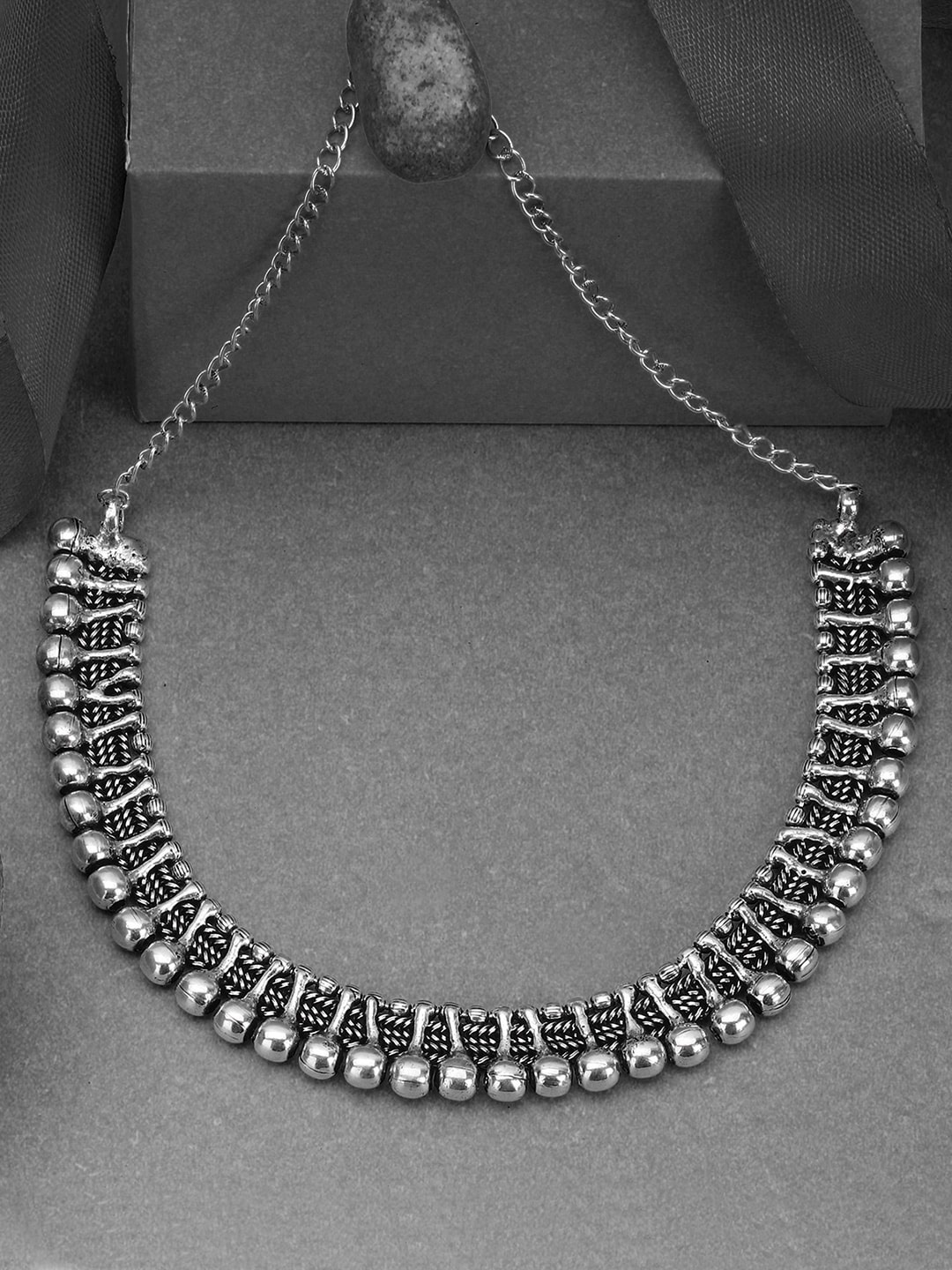 

Adwitiya Collection Silver-Toned & Black Oxidised Choker Necklace