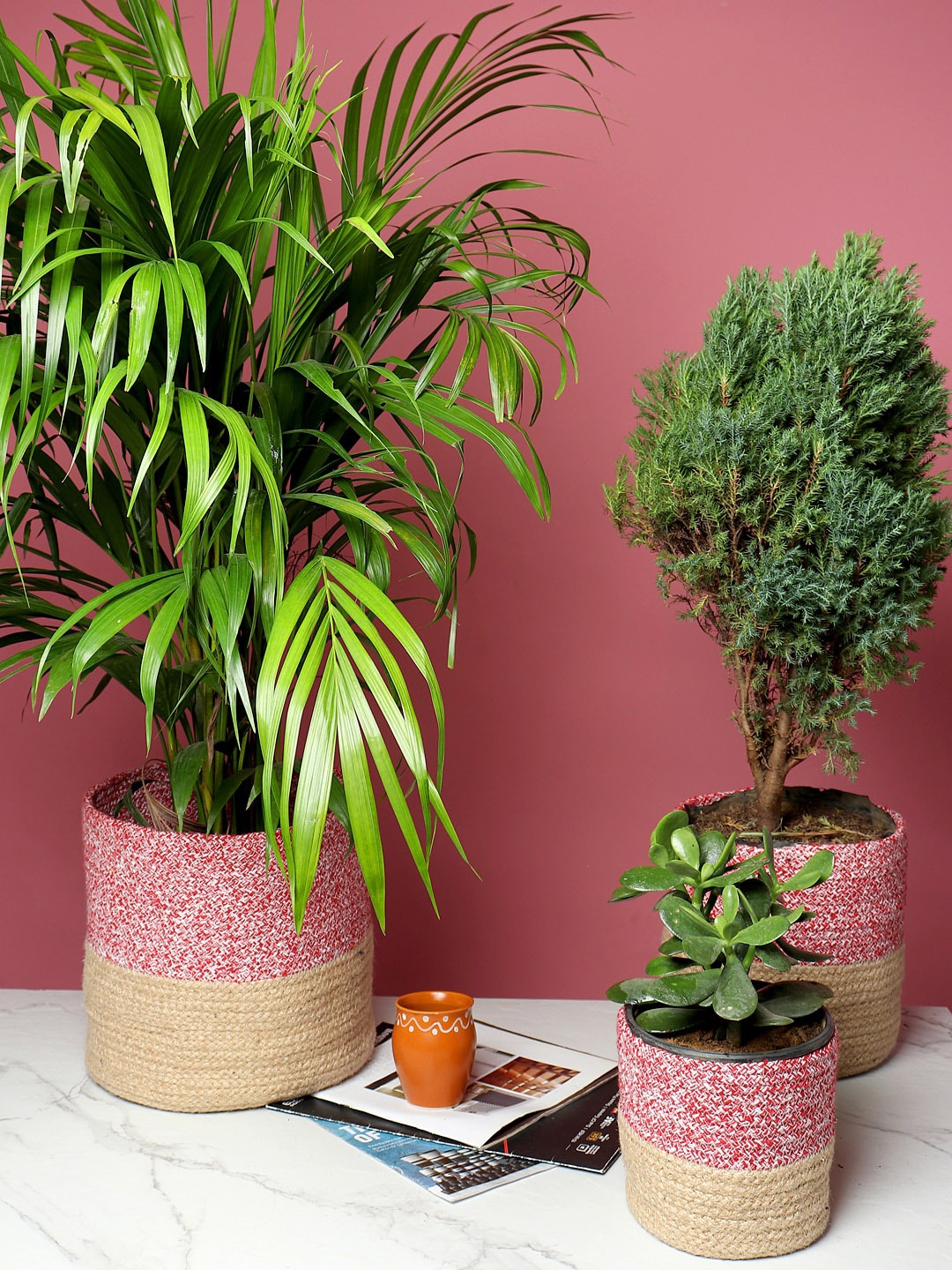 HABERE INDIA Set Of 3 Pink & Beige Jute Sustainable Planters
