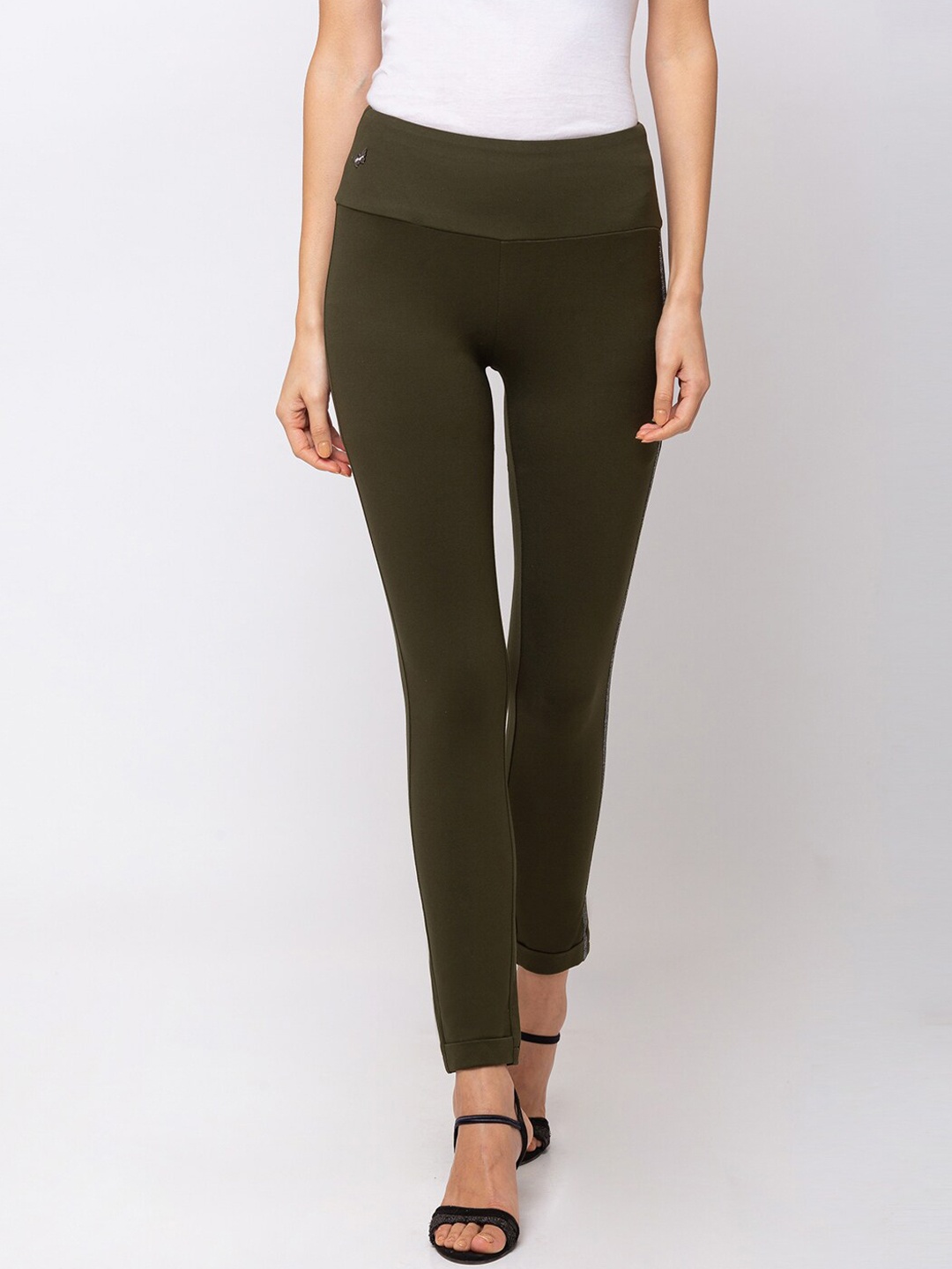 

SHECZZAR Women Olive Green Solid Slim-Fit Treggings