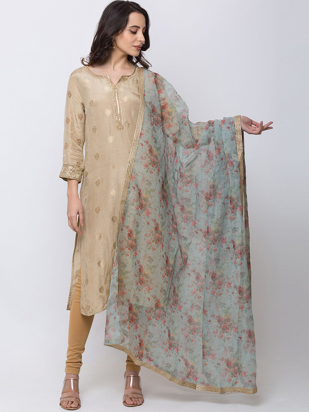 

Ethnicity Women Mint Green & Gold-Coloured Floral Printed Dupatta