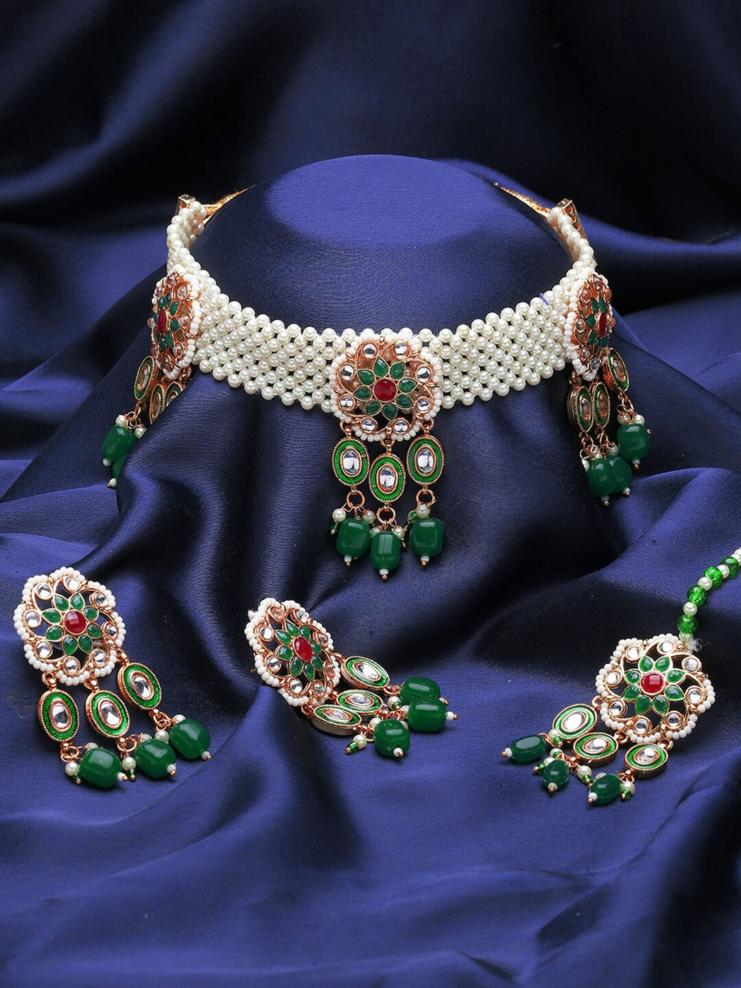 Yellow Chimes Gold-Plated White & Green Kundan Studded Handcrafted Choker Jewellery Set
