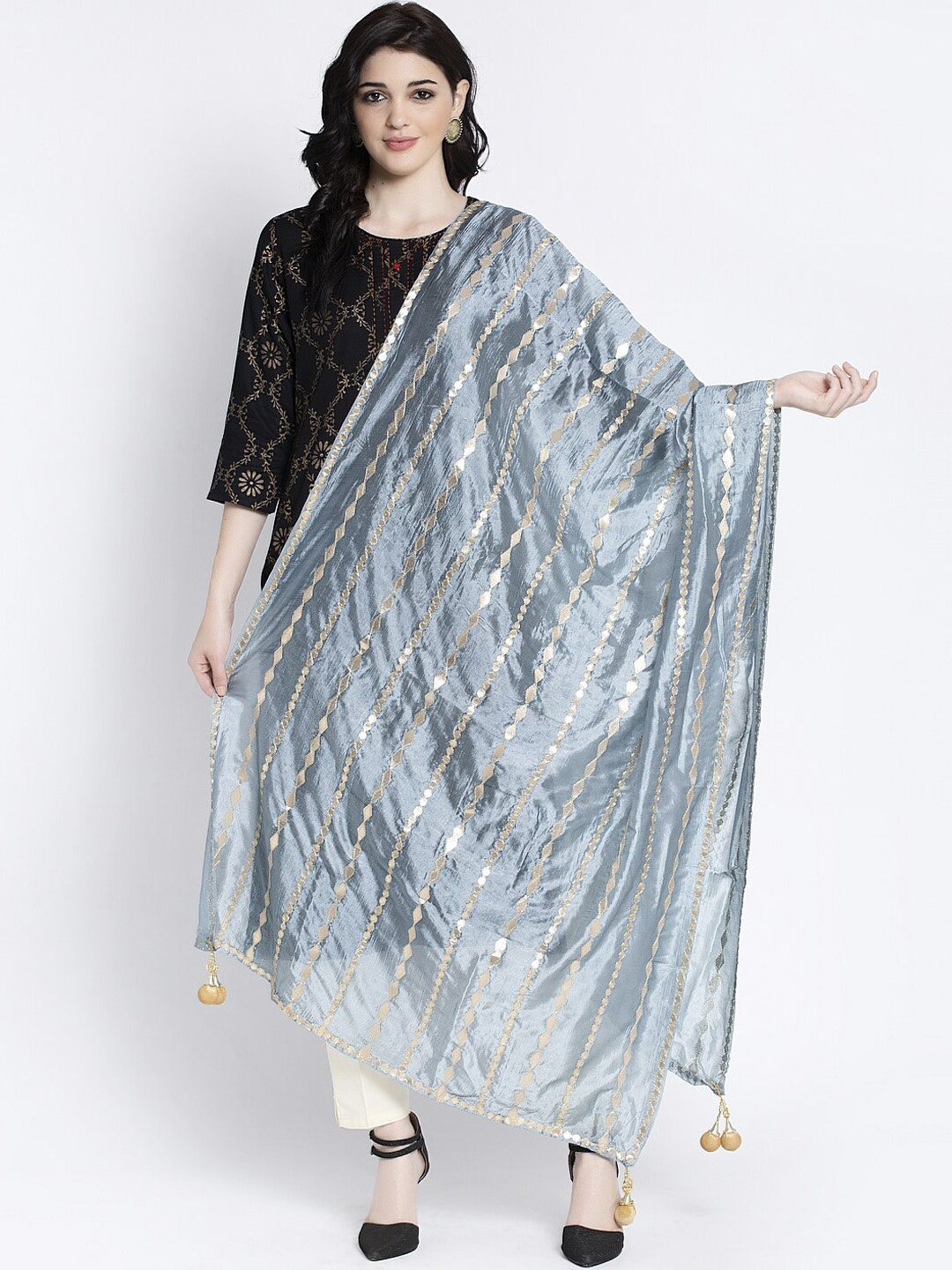 

Clora Creation Women Grey & Gold-Coloured Gotta Patti Embroidered Dupatta