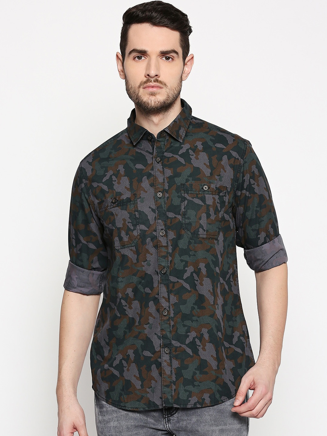 

Urban Ranger by pantaloons Men Grey Slim Fit Camo Printed Casual Shirt