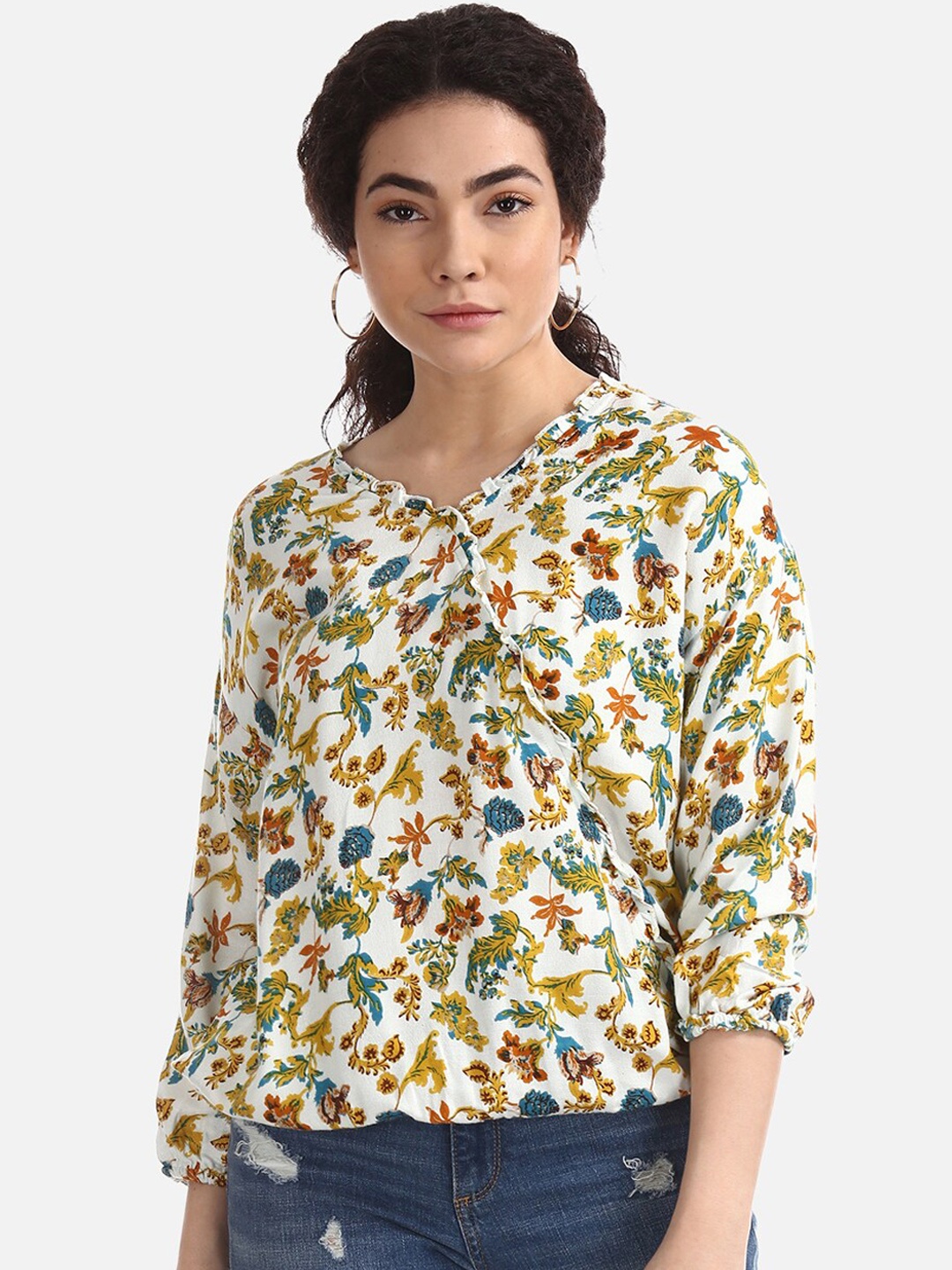 

Cherokee Women Off-White & Mustard Yellow Printed Blouson Top