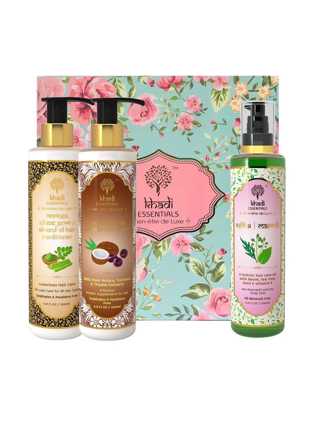 

Khadi Essentials Neem & Tea Tree Hair Oil, Moringa Hair Conditioner & Coconut Hair Shampoo, Pink