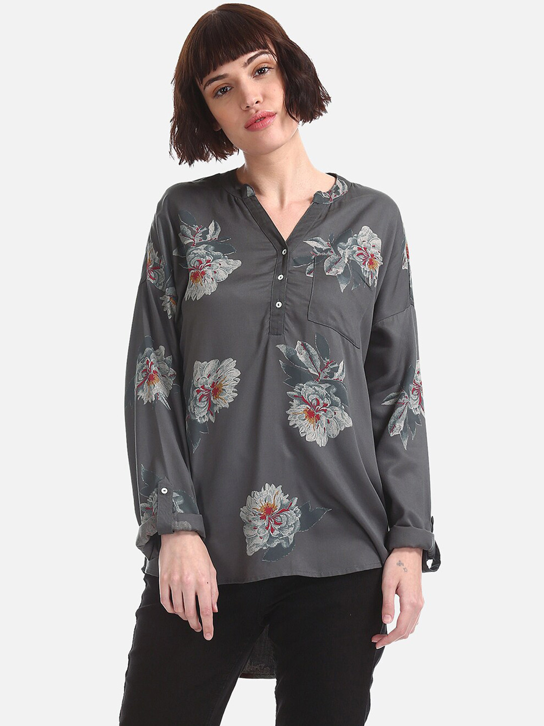 

Cherokee Women Grey High Low Hem Floral Printed Shirt Style Top