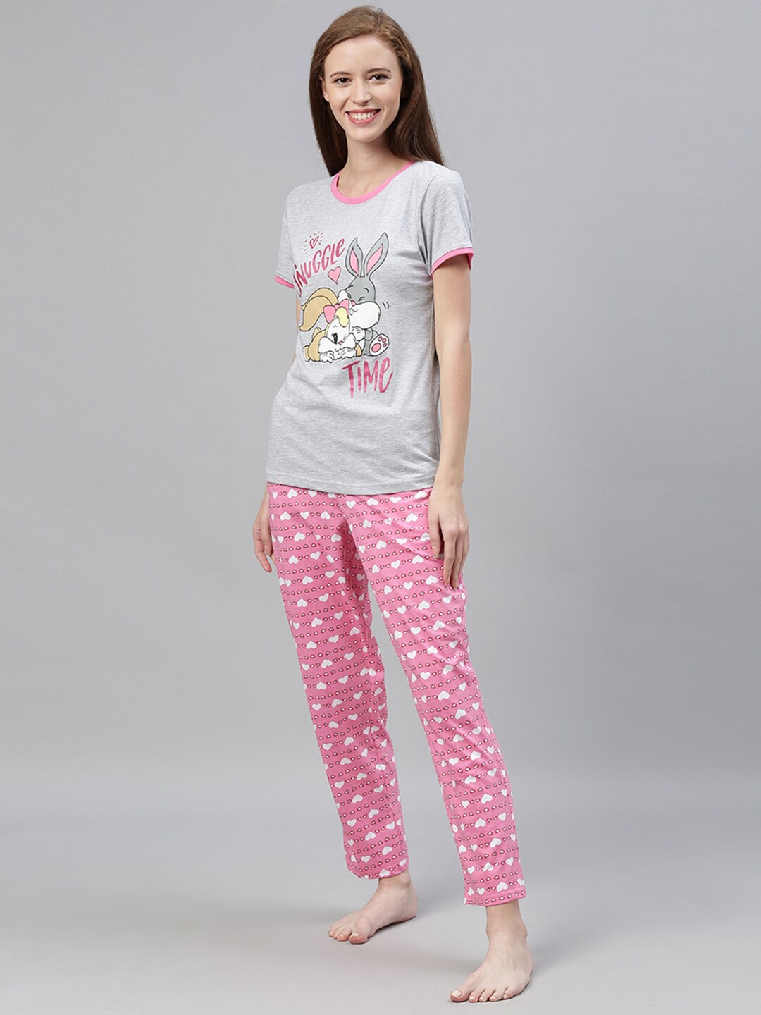 

Snarky Gal Women Grey & Pink Bugs Bunny Printed Night suit