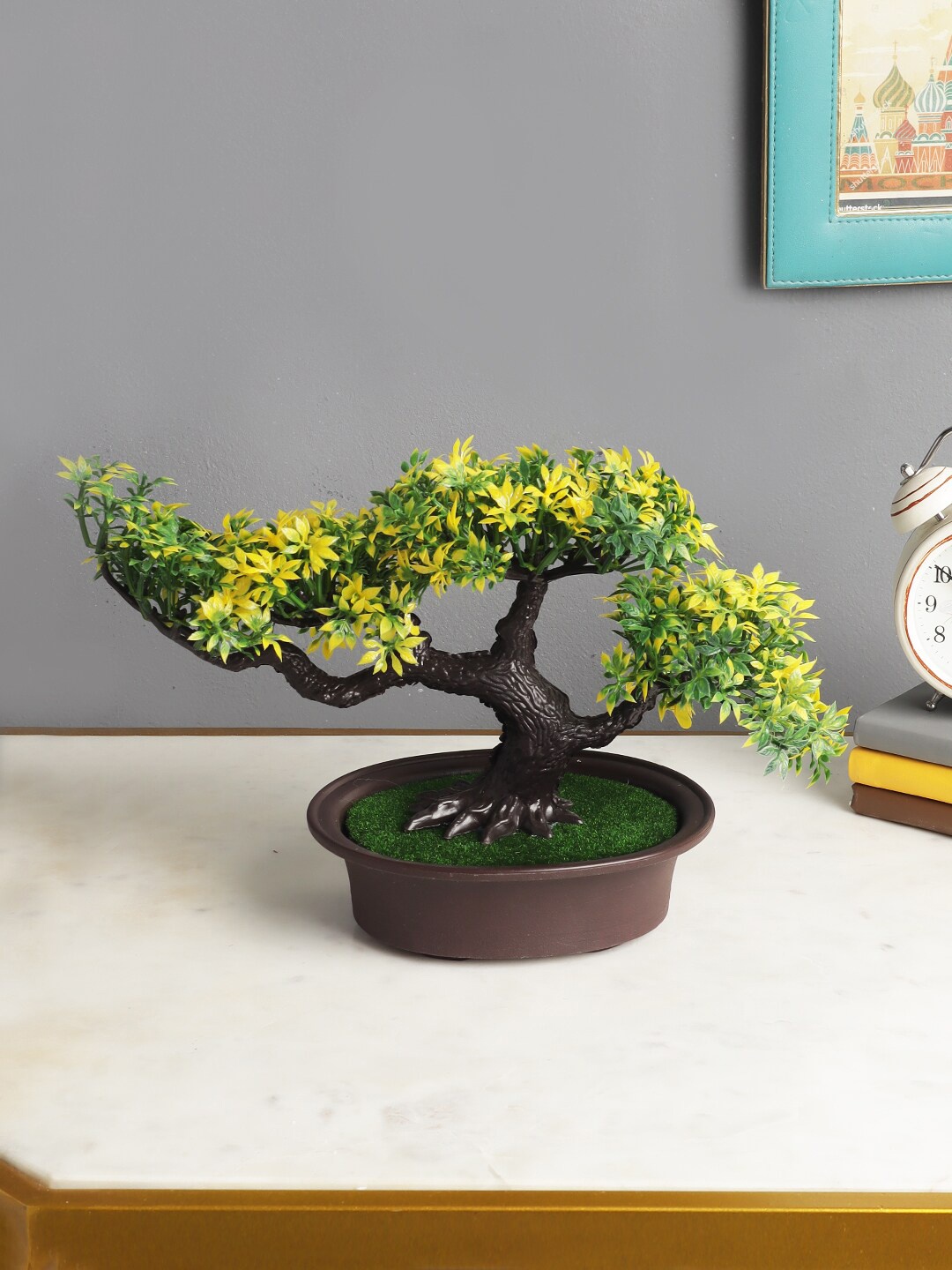 FOLIYAJ Yellow & Brown Artificial Bonsai Tree with Plastic Pot