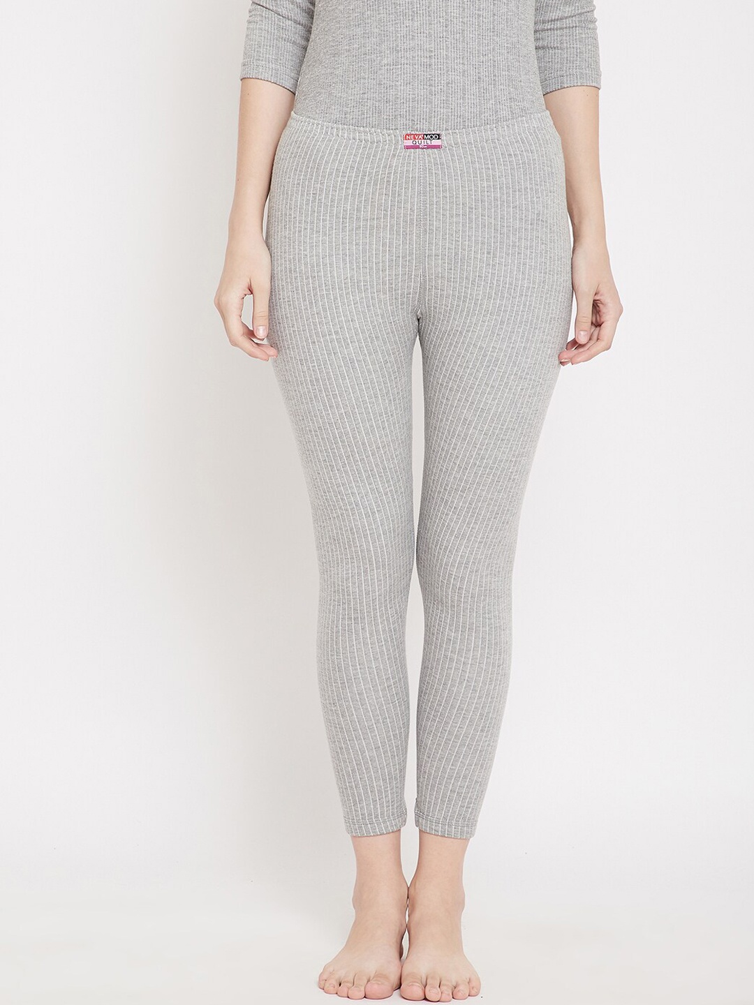 

NEVA Women Grey Melange & White Striped Thermal Bottoms