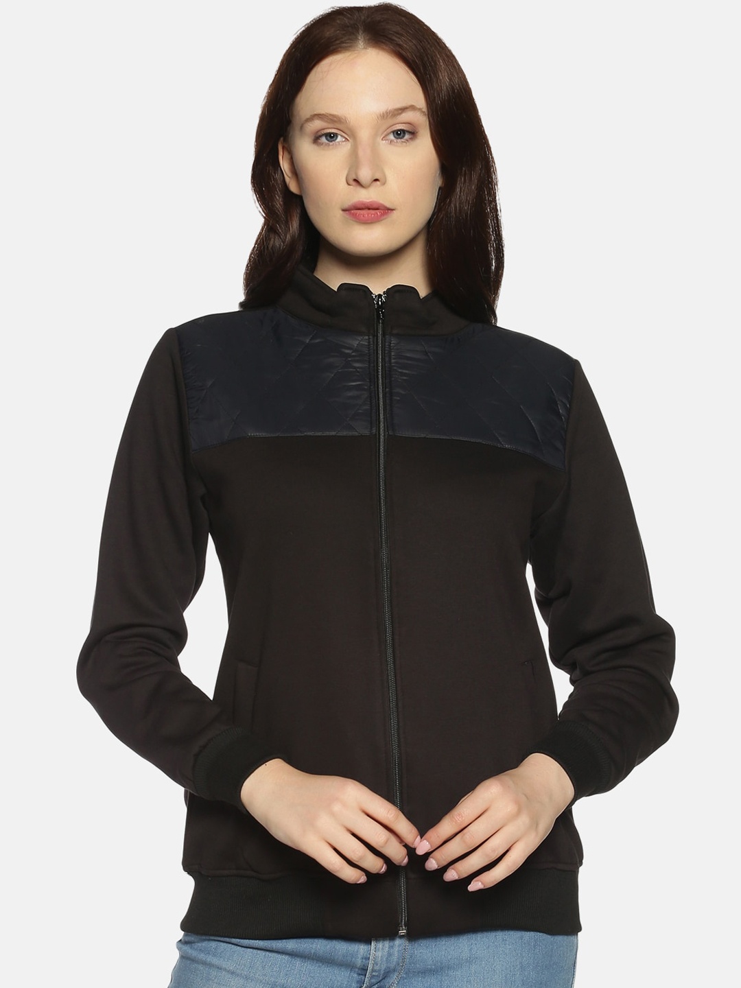 

Campus Sutra Women Black Colourblocked Windcheater Open Front Jacket