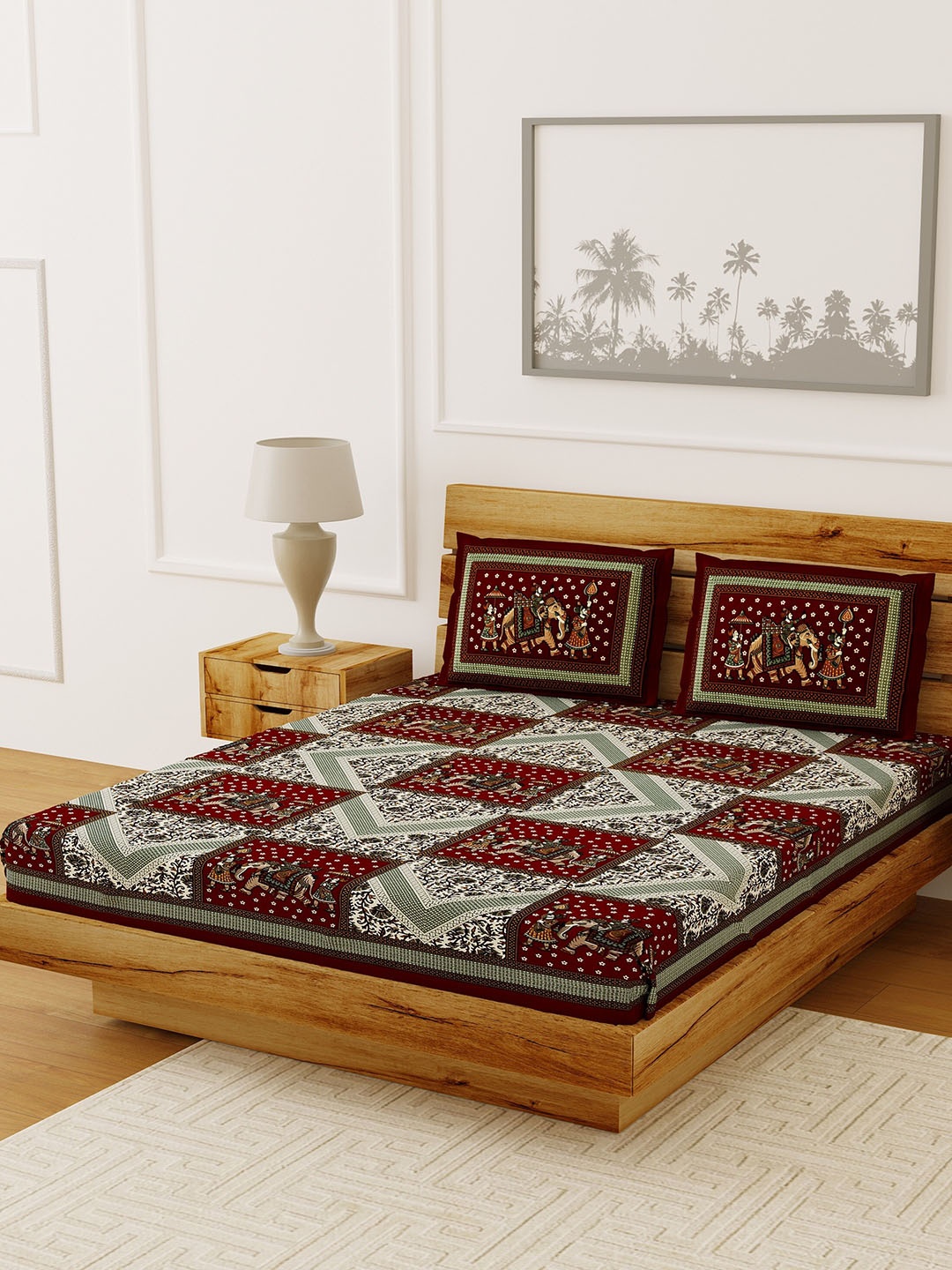 

LIVING ROOTS Maroon & Beige Ethnic Motifs 120 TC Cotton 1 Queen Bedsheet with 2 Pillow Covers