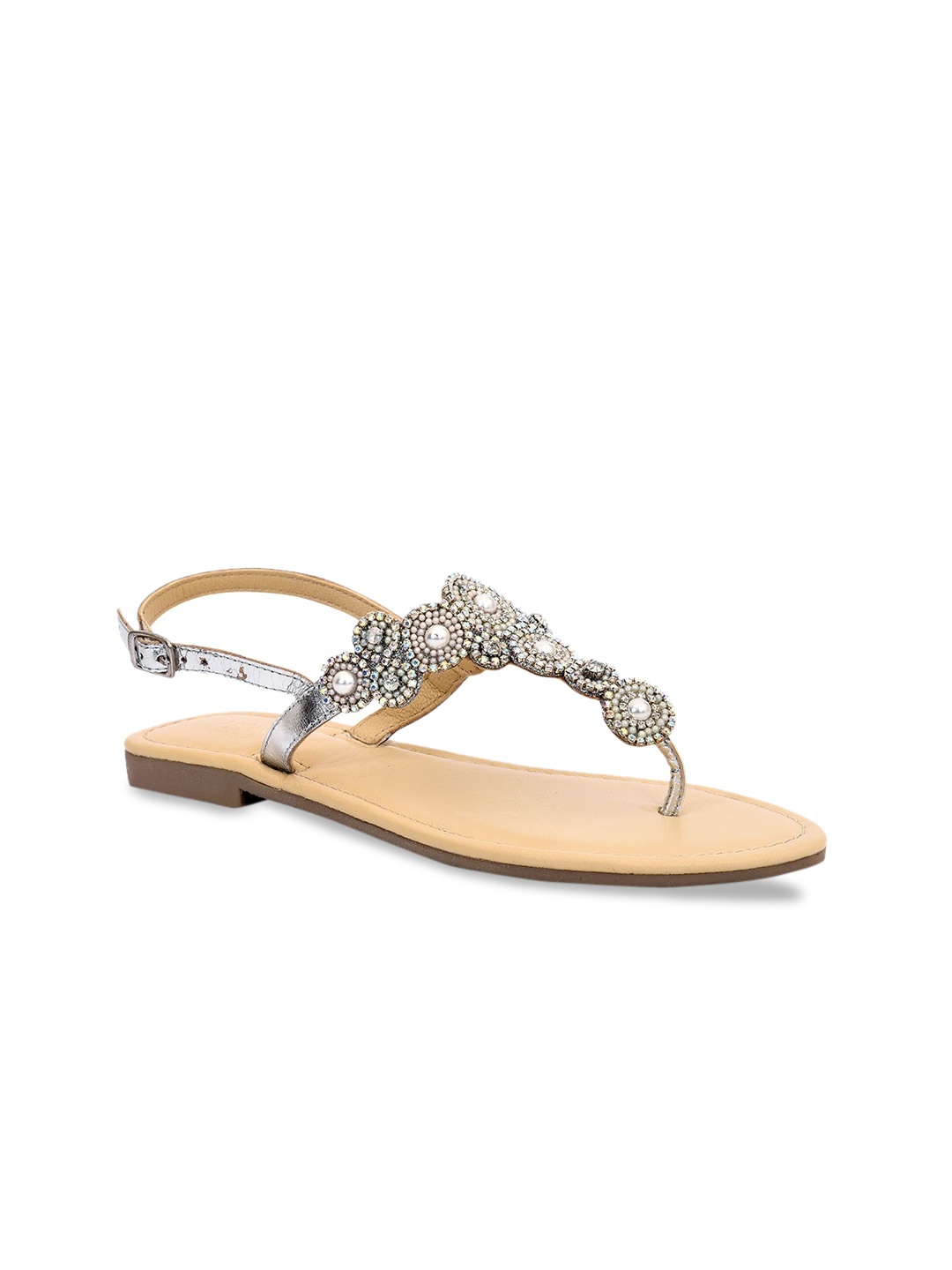 

Eske Women Silver-Toned Embellished Leather T-Strap Flats