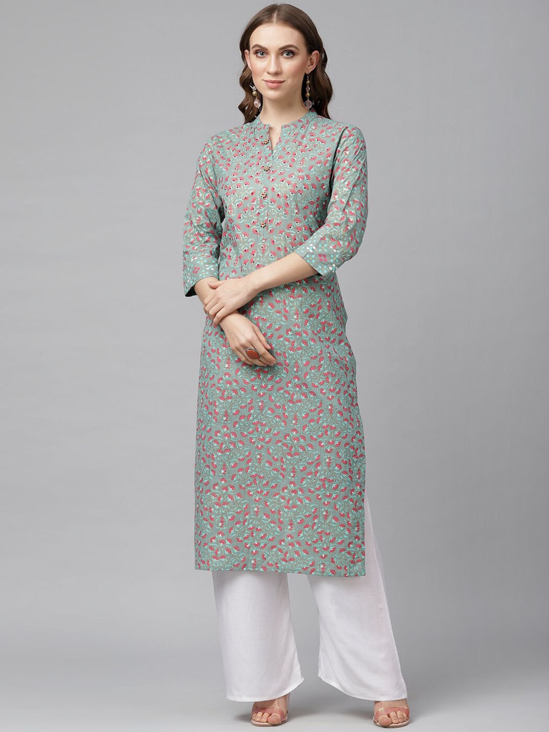 

KASSUALLY Women Green Floral Printed Straight Kurta