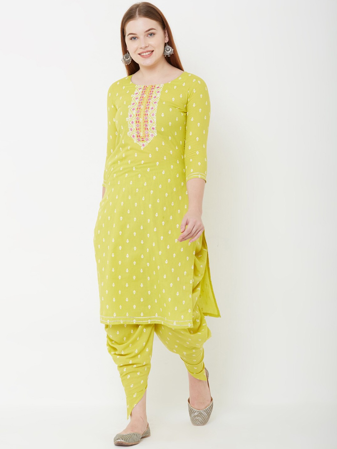 

FASHOR Women Lime Green Printed Kurta with Dhoti Pants