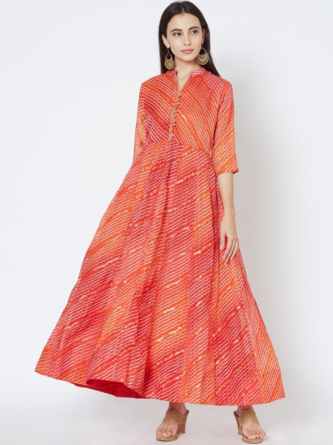 

FASHOR Women Orange & Red Bandhani Printed Anarkali Kurta