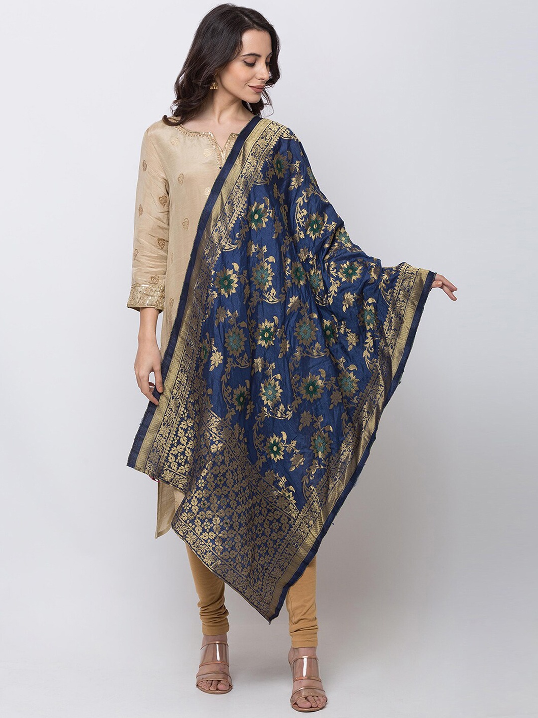 

Ethnicity Navy Blue & Gold-Toned Woven Design Dupatta