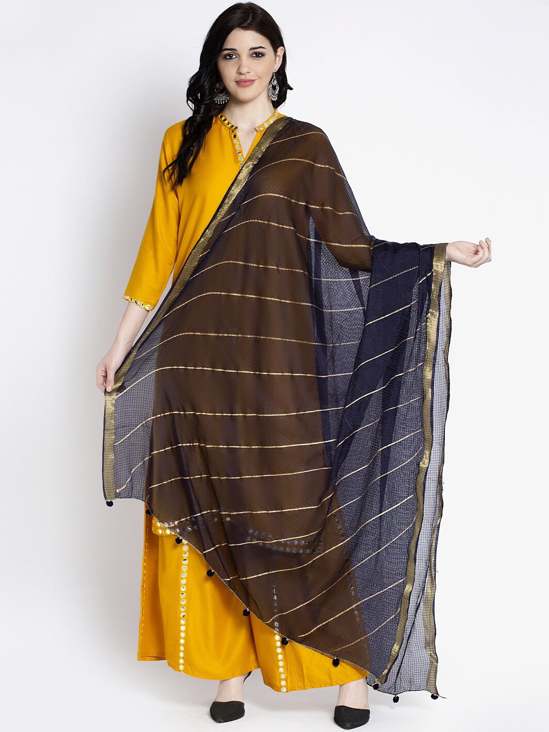 

Clora Creation Women Navy Blue & Gold-Coloured Striped Kota Dupatta