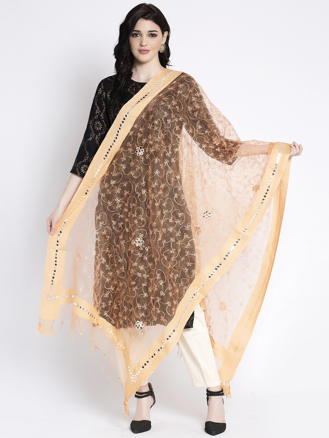 Clora Creation Women Orange Embroidered Dupatta