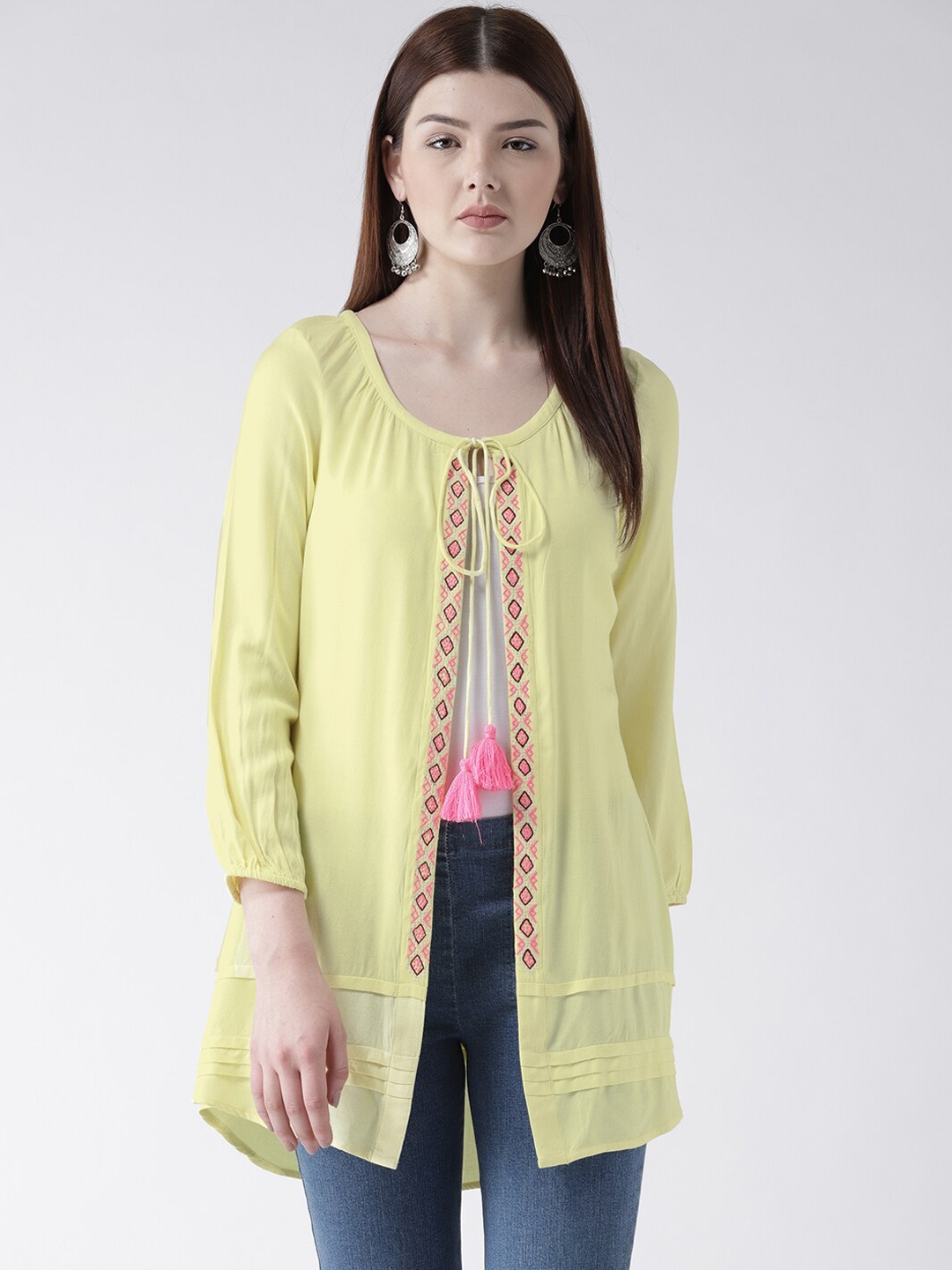 

DODO & MOA Women Yellow Solid Open Front Shrug