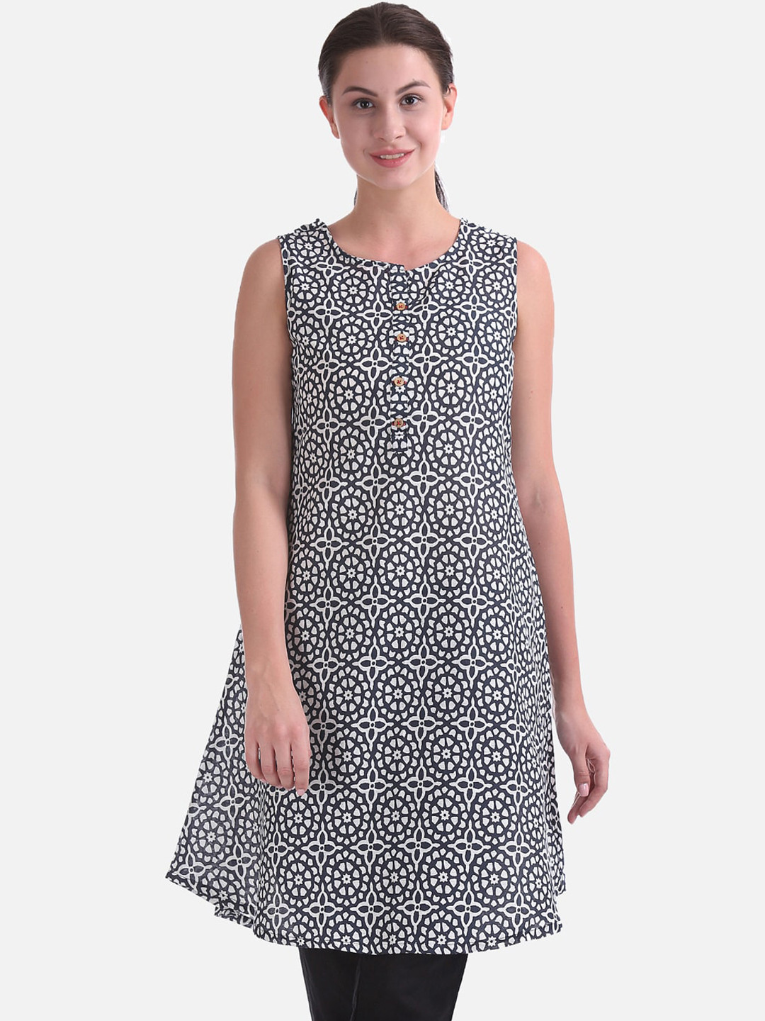 

Karigari Women Navy Blue & White Printed A-Line Kurta